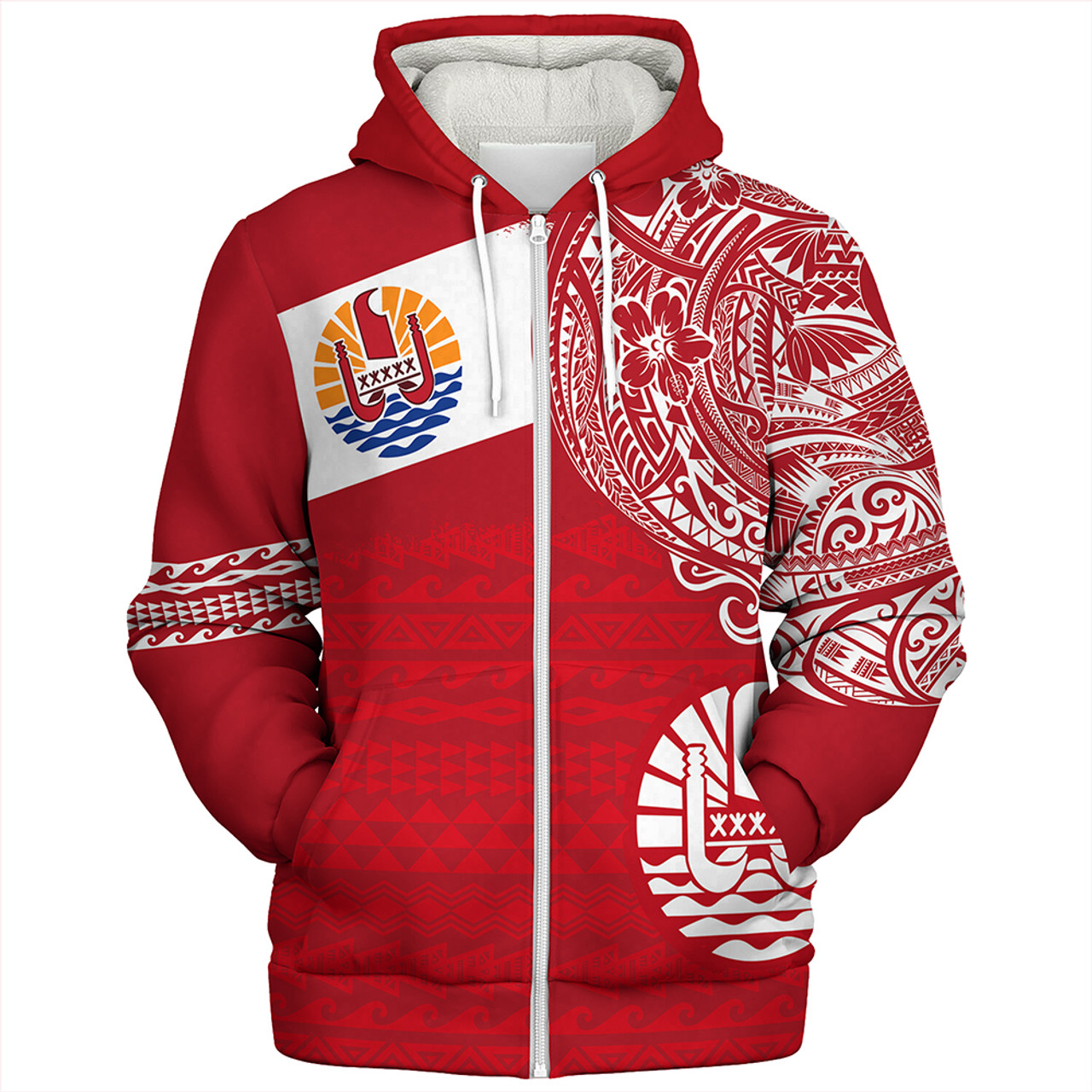 Polynesian Sherpa Hoodie French Polynesia Flag With Coat Of Arms