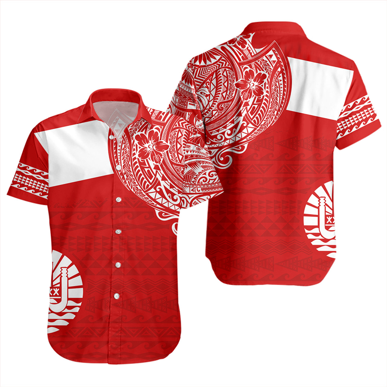 Polynesian Short Sleeve Shirt Tahiti Flag With Coat Of Arms