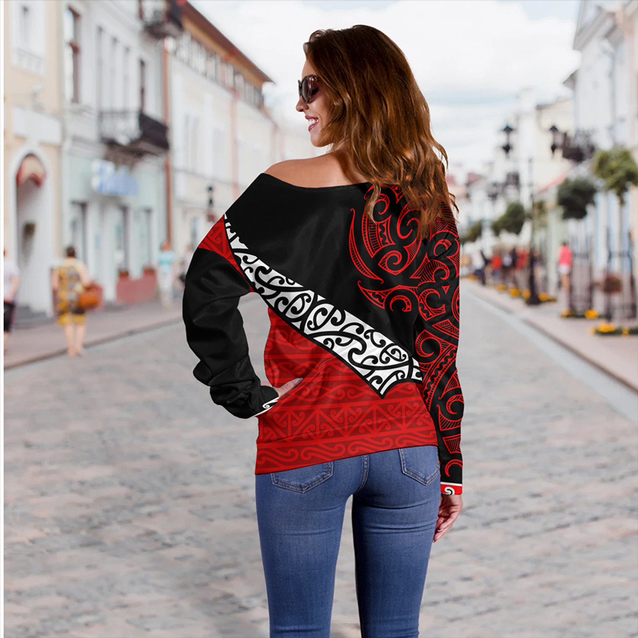 New Zealand Off Shoulder Sweatshirt Aotearoa Maori Flag Puhoro Pattern