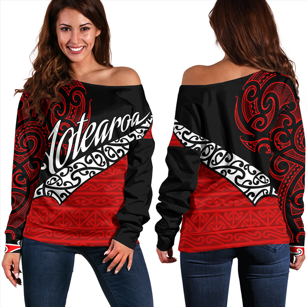 New Zealand Off Shoulder Sweatshirt Aotearoa Maori Flag Puhoro Pattern