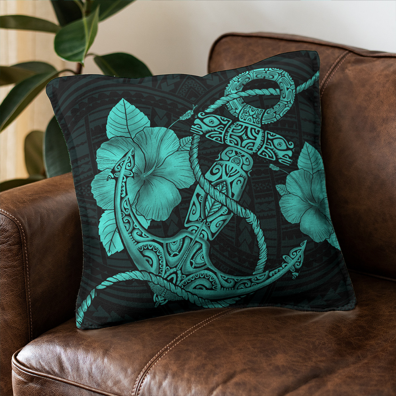 Hawaii Pillow Cover Anchor Poly Tribal Turquoise