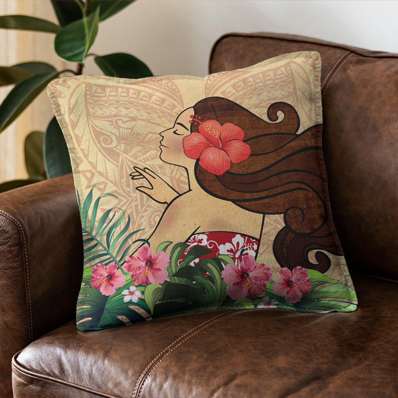 Hawaii Pillow Cover Beautiful Hula Girl Hibiscus Tropical