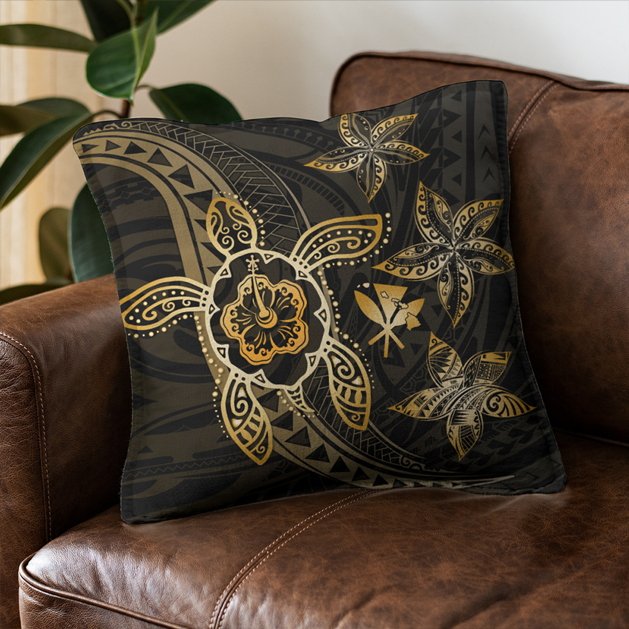 Hawaii Pillow Cover Kanaka Maoli Map Hibiscus Plumeria Turtle Art Polynesian Gold