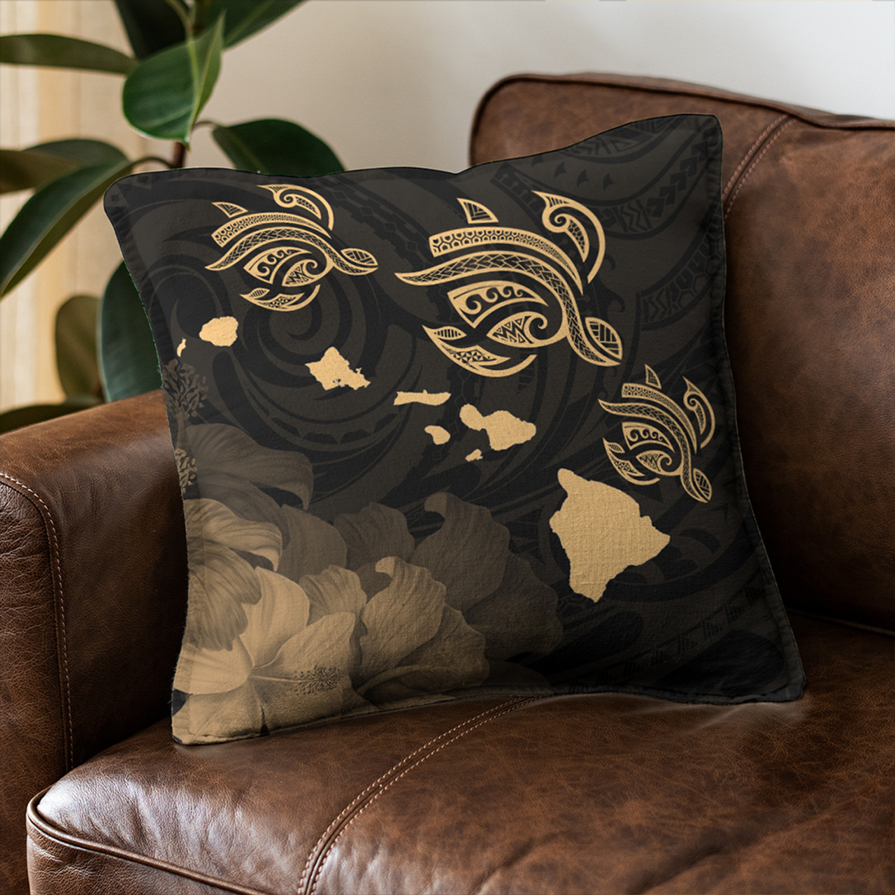 Hawaii Pillow Cover Turtle Hibiscus Map Polynesian Family Gold
