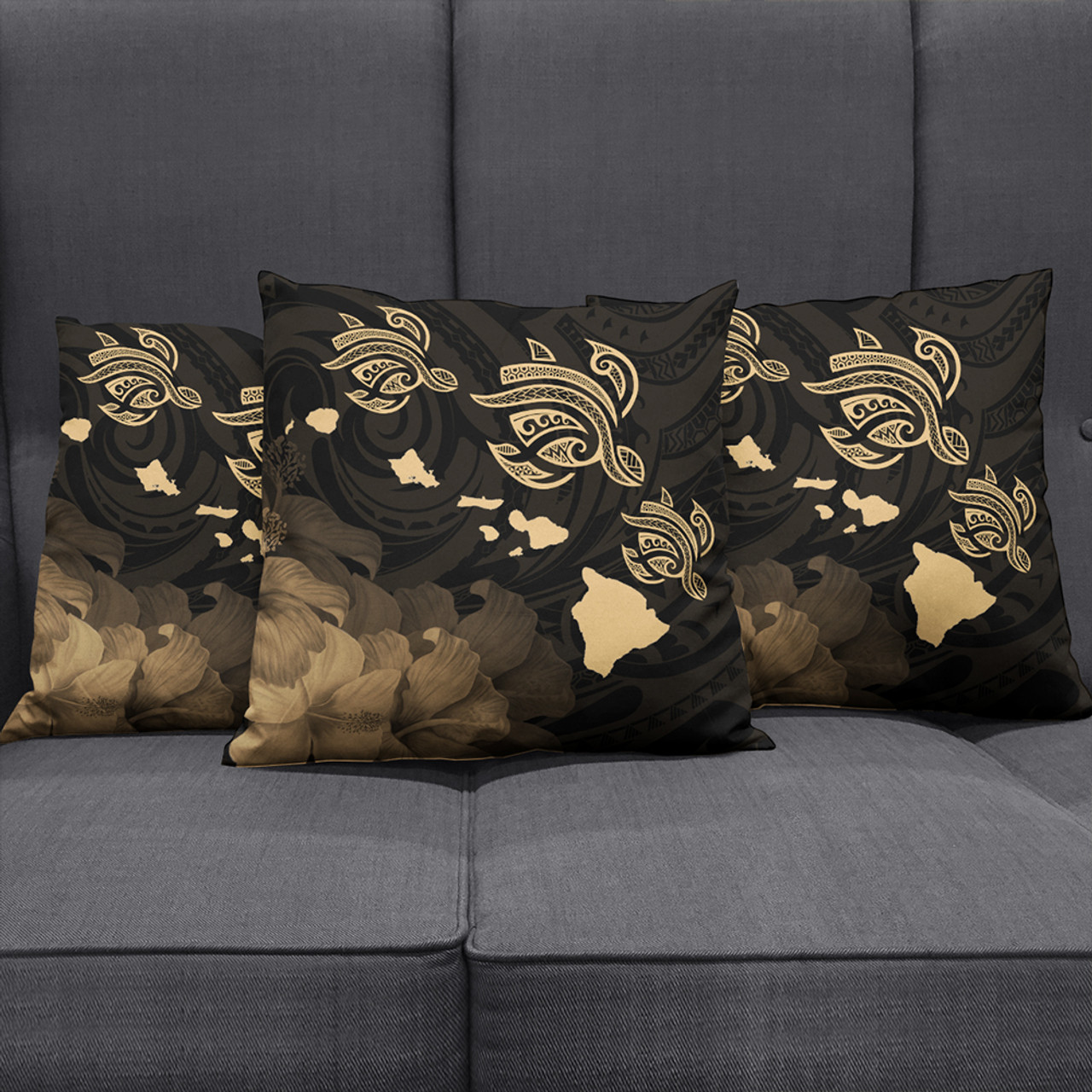 Hawaii Pillow Cover Turtle Hibiscus Map Polynesian Family Gold