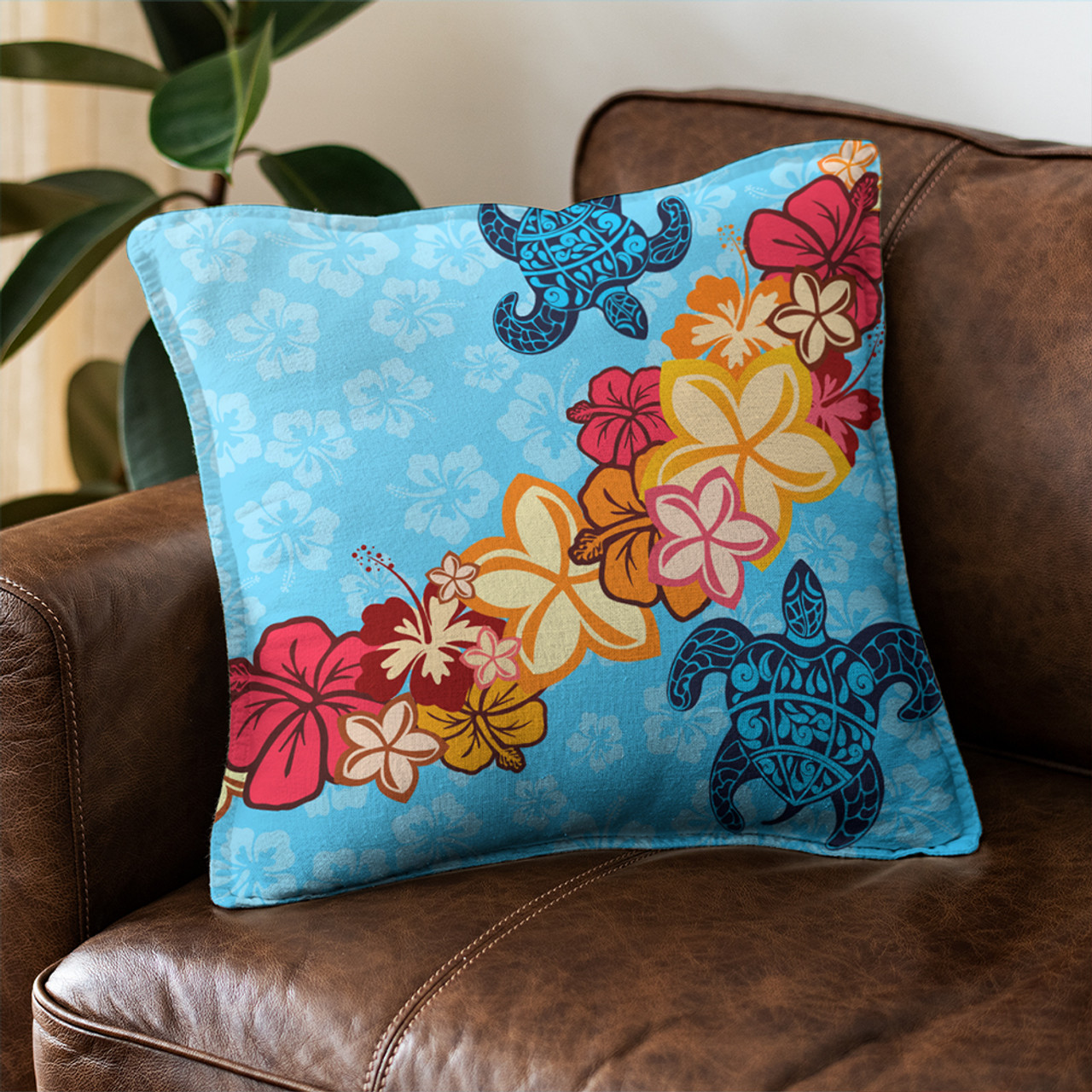 Hawaii Pillow Cover Turtle Hibiscus Pattern Blue