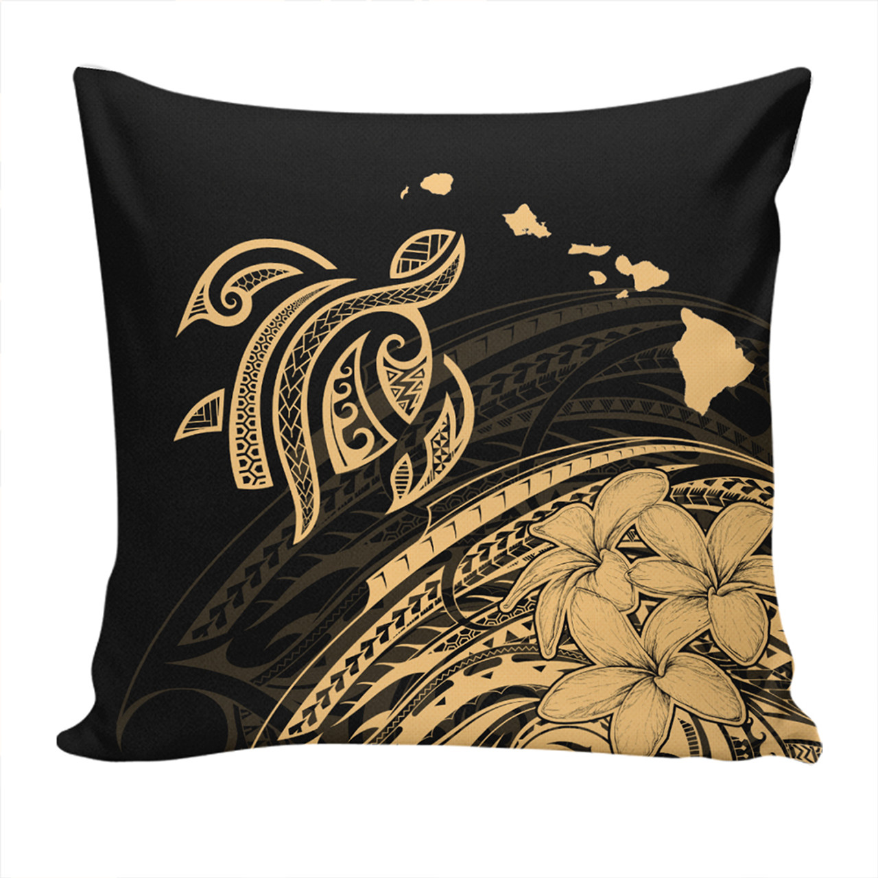 Hawaii Pillow Cover Turtle Polynesian Map Plumeria Gold