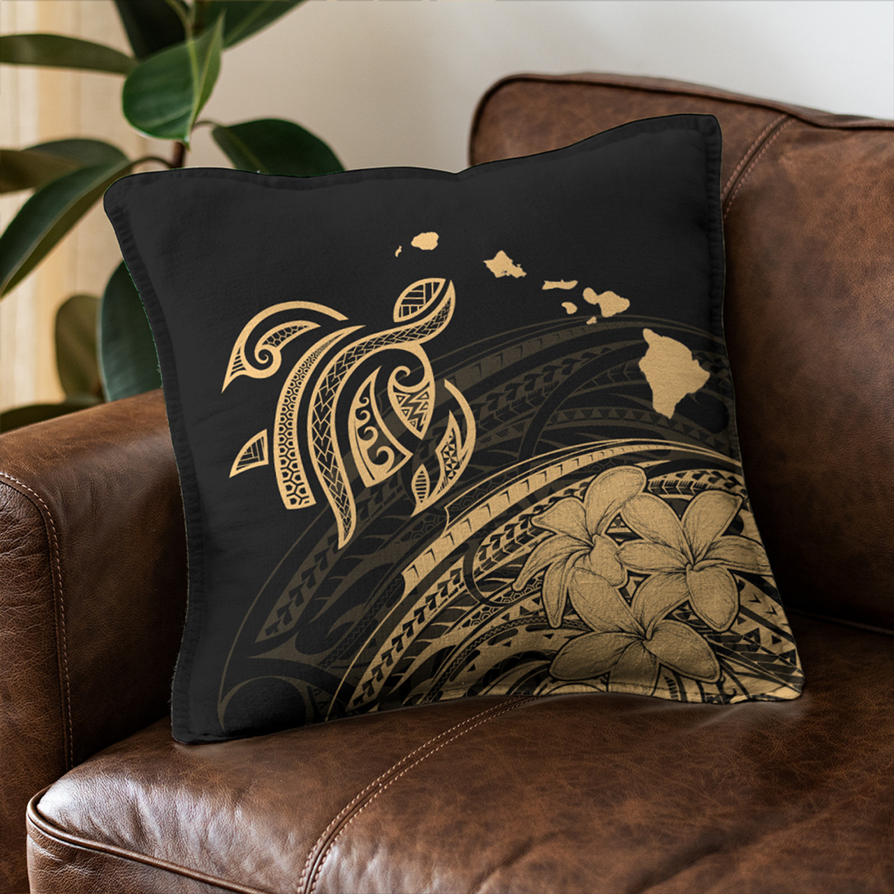 Hawaii Pillow Cover Turtle Polynesian Map Plumeria Gold