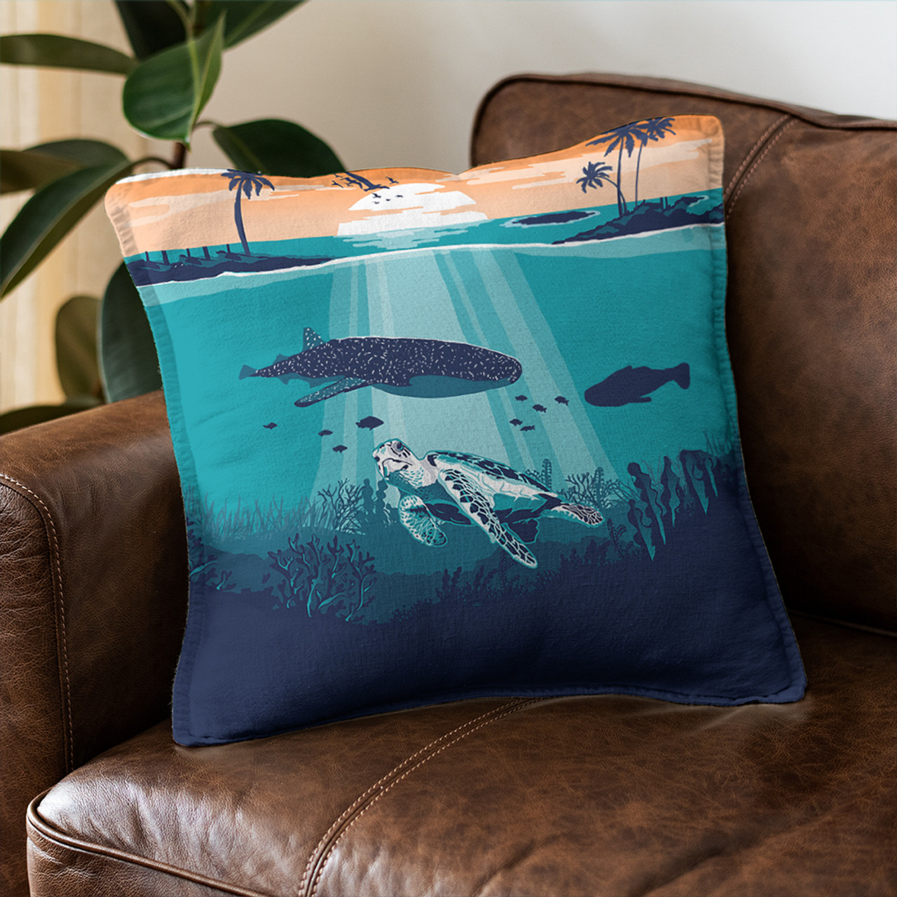 Hawaii Pillow Cover Whale And Turtle In Sunset Polynesian