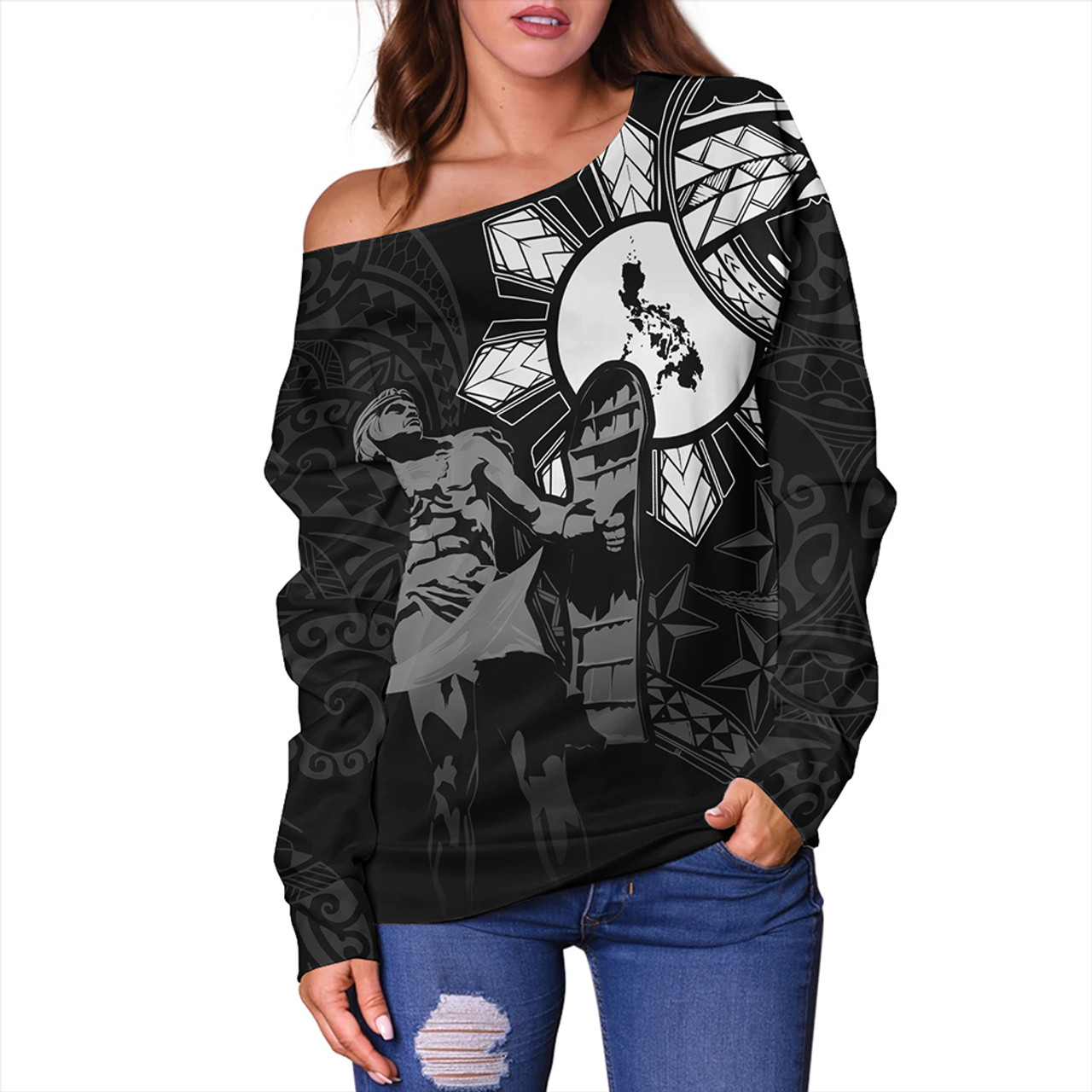 Philippines Off Shoulder Sweatshirt Lapu Lapu Sun Tribal In My Heart