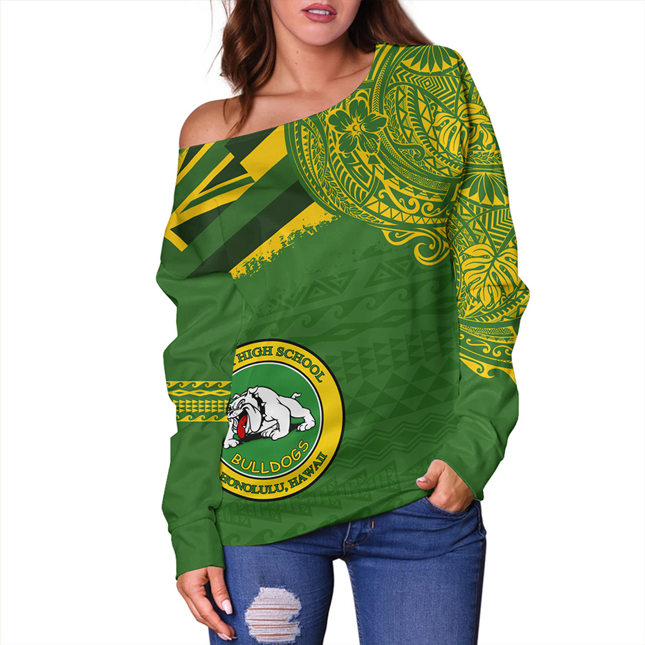 Hawaii Off Shoulder Sweatshirt Kaimuki High School With Crest Style