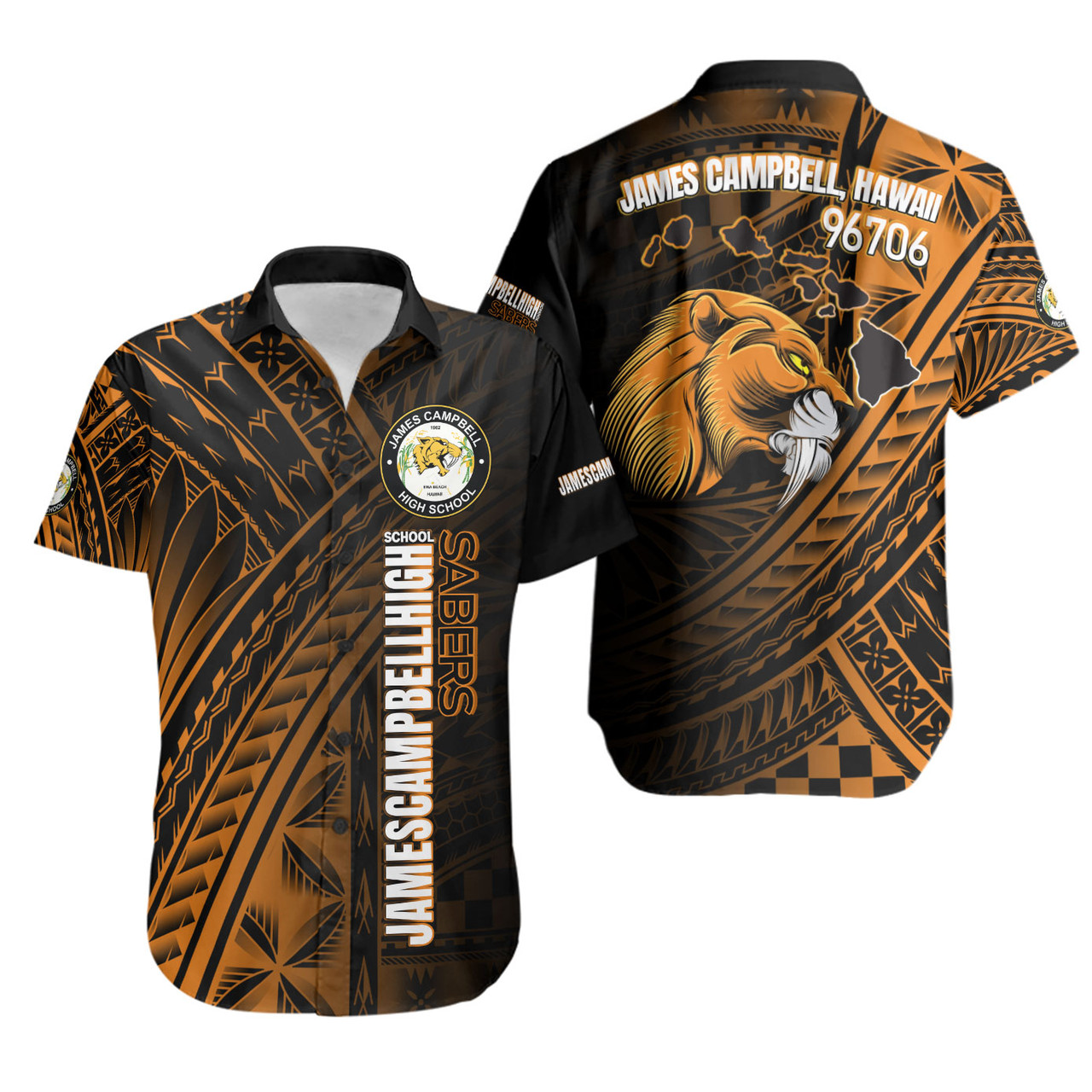 Hawaii James Campbell High School Short Sleeve Shirt - Head Saber Tooth Mascot Hawaii Patterns