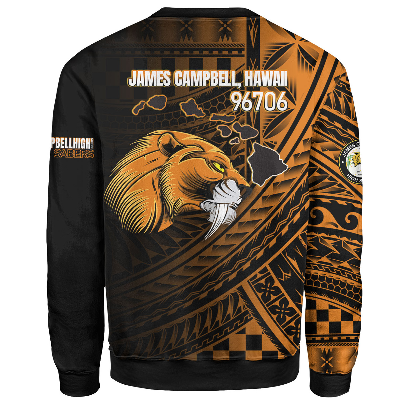 Hawaii James Campbell High School Sweatshirt - Head Saber Tooth Mascot Hawaii Patterns