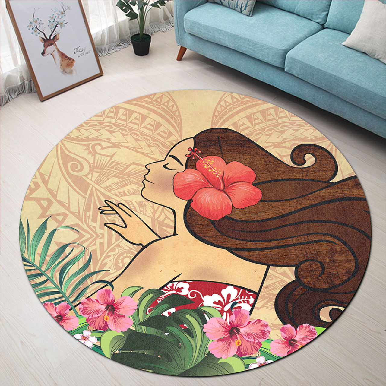 Hawaii Round Rug Beautiful Hula Girl Hibiscus Tropical