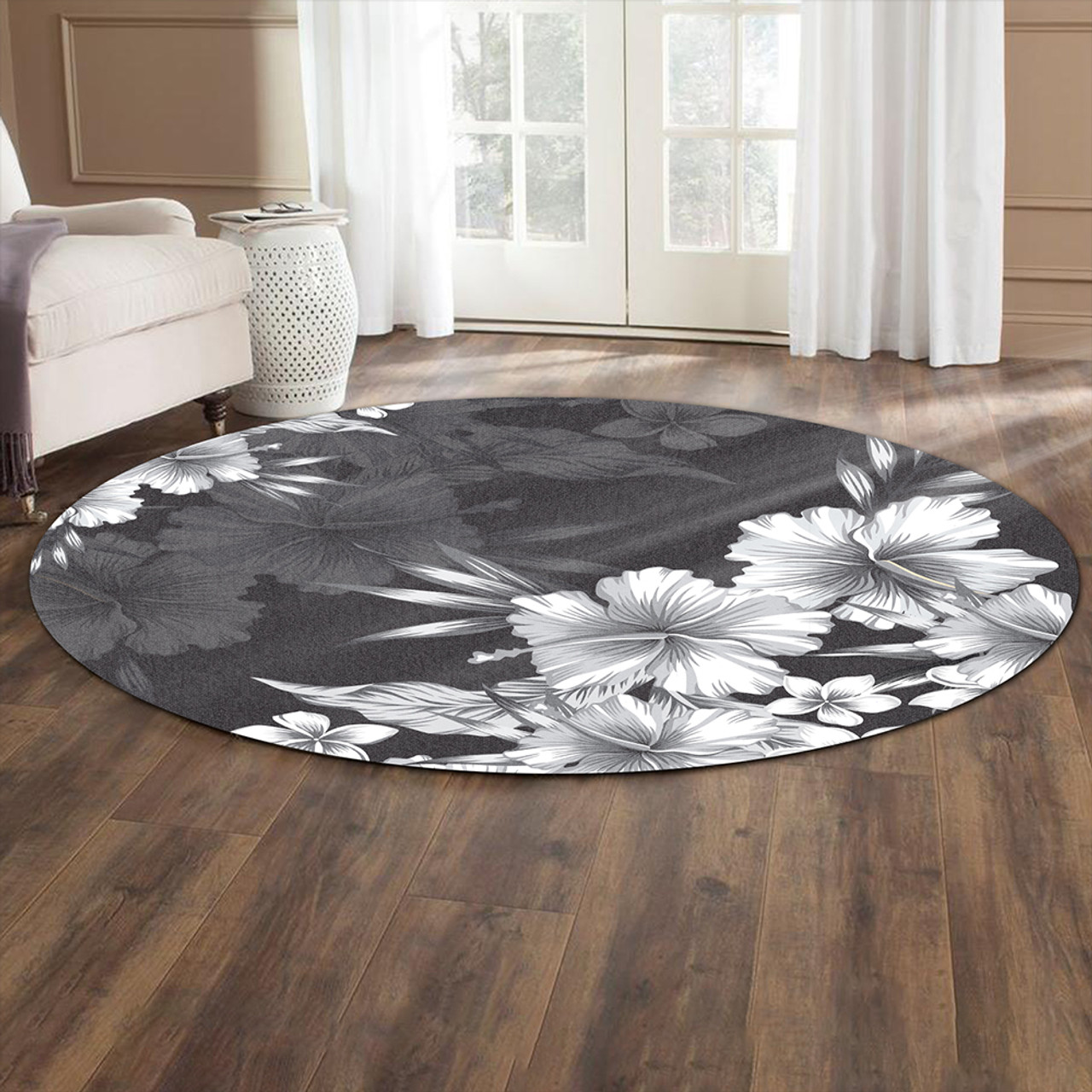 Hawaii Round Rug Hibiscus And Plumeria B&W