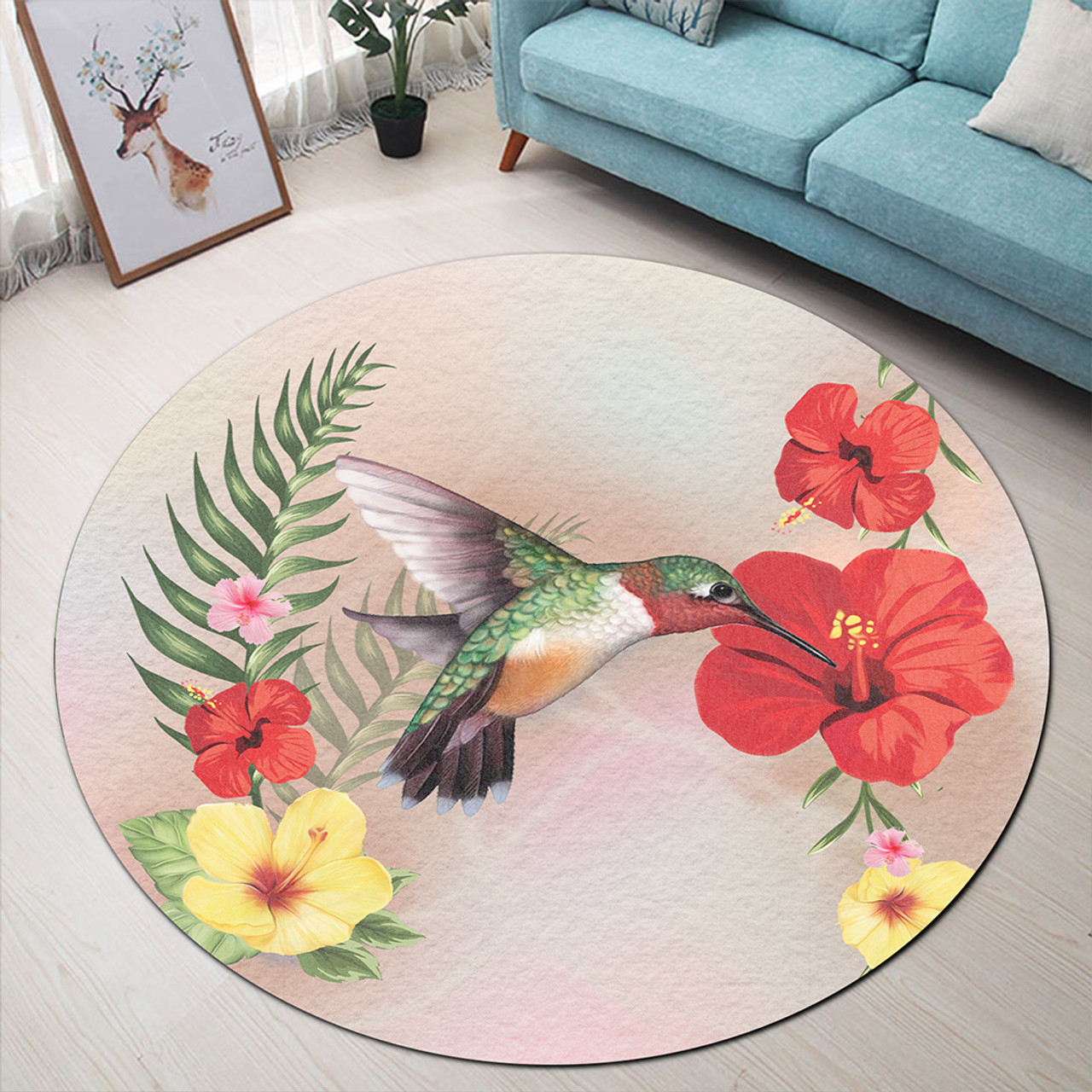 Hawaii Round Rug Hibiscus Bird