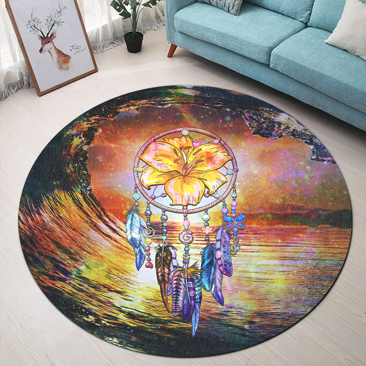 Hawaii Round Rug Hibiscus Dreamcatcher Wales Night