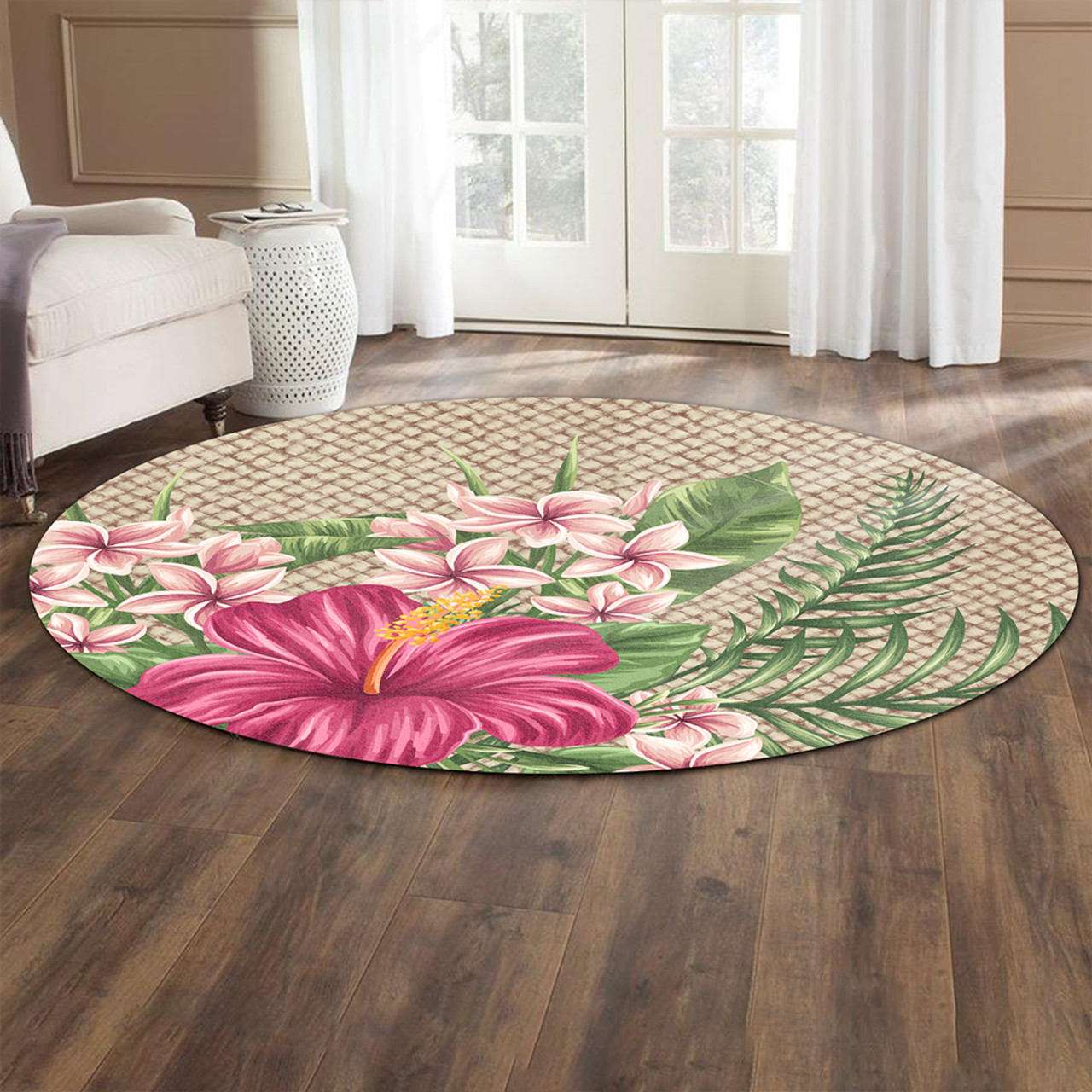 Hawaii Round Rug Hibiscus Plumeria Palm Leaves Lauhala Background Polynesian