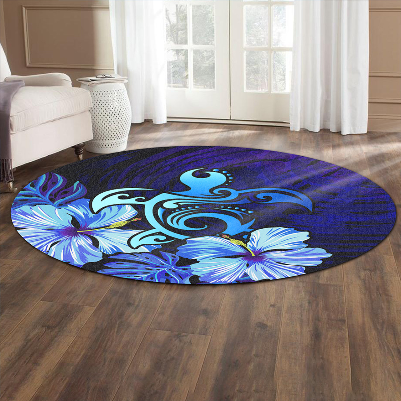 Hawaii Round Rug Hibiscus Tropical Deep Ocean Turtle Sea