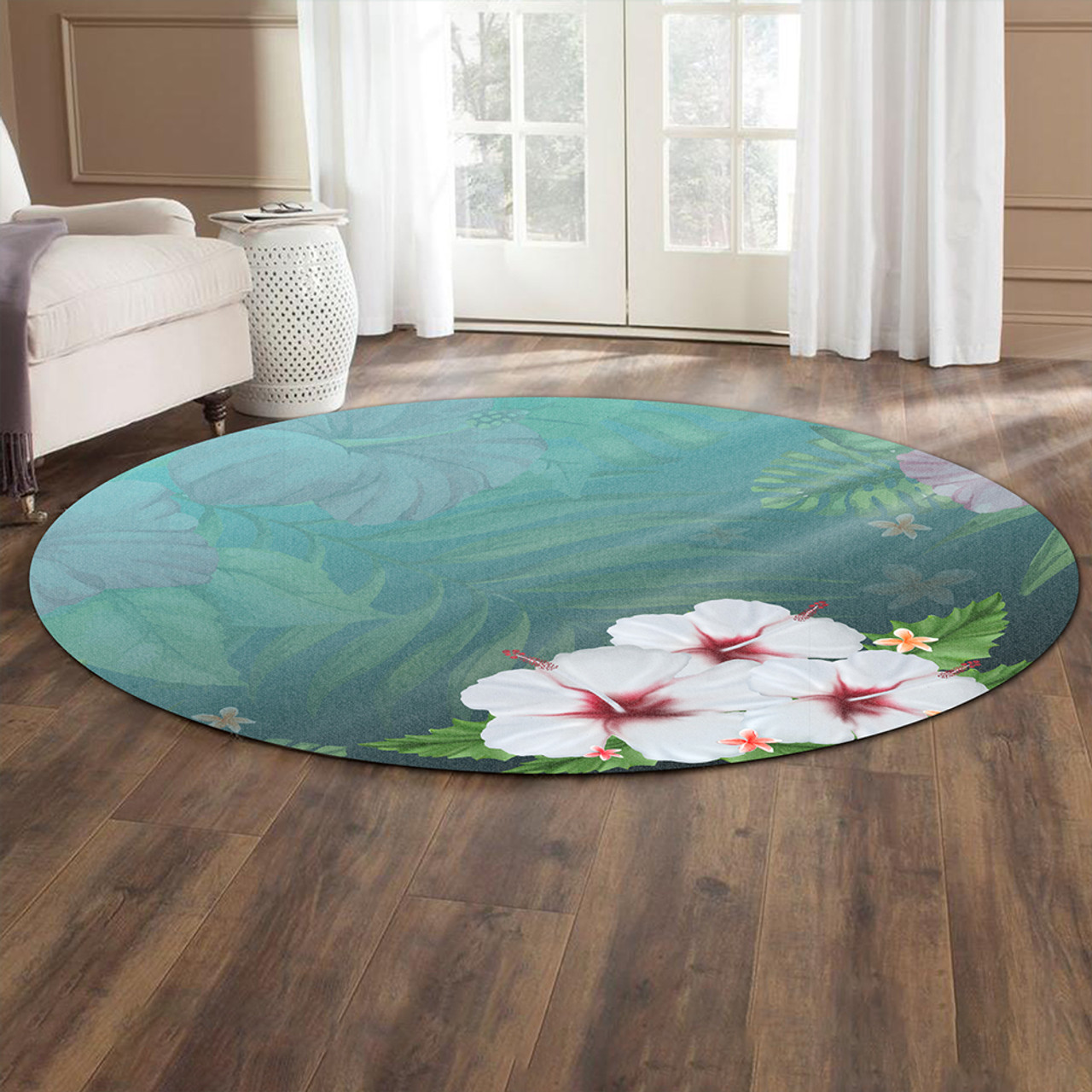 Hawaii Round Rug Hibiscus White Flower Gleeful