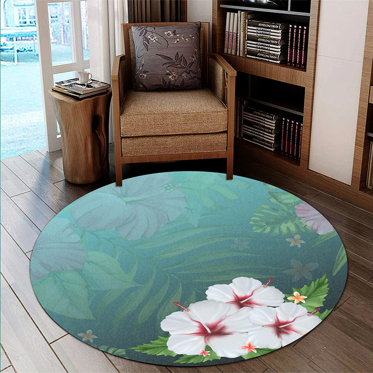 Hawaii Round Rug Hibiscus White Flower Gleeful