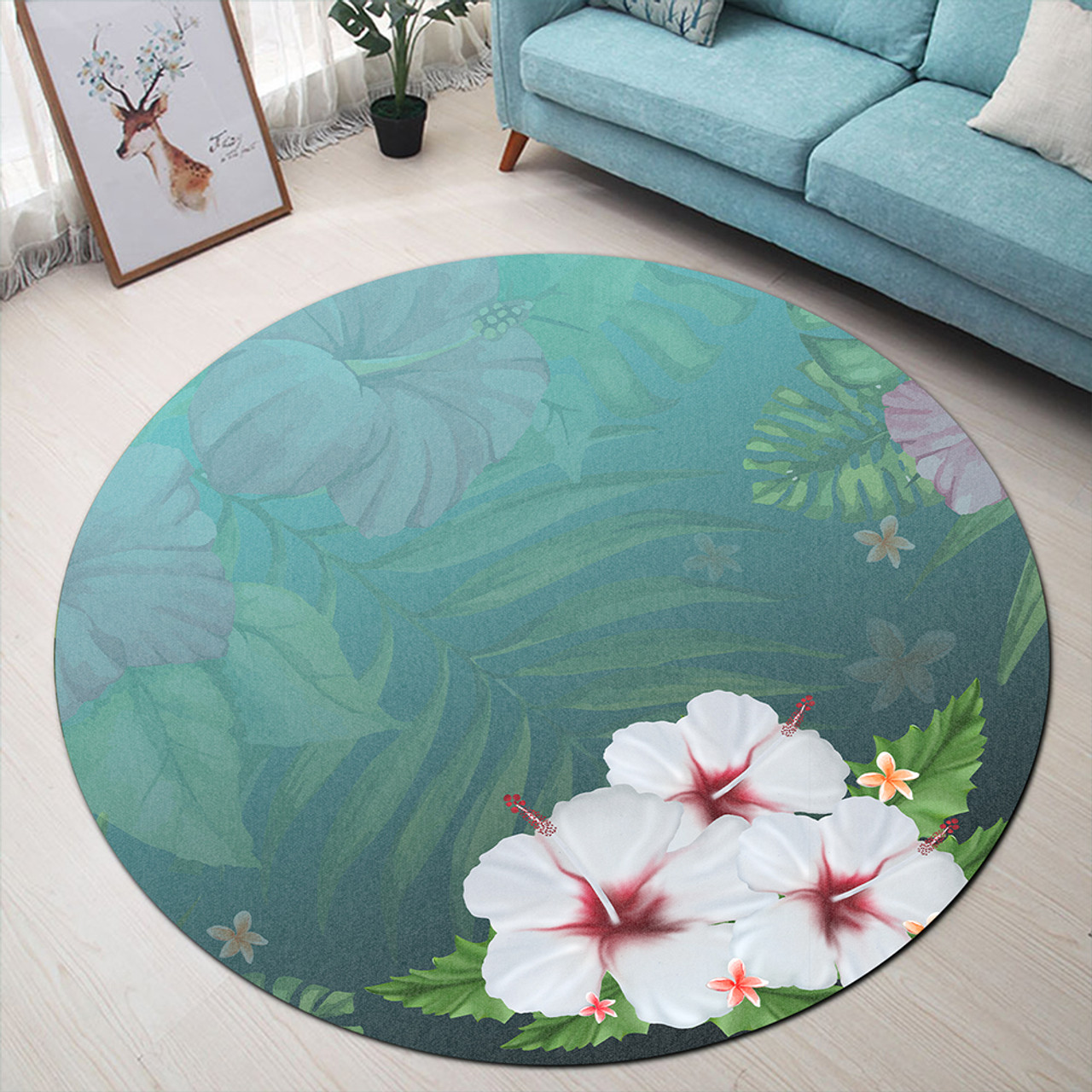 Hawaii Round Rug Hibiscus White Flower Gleeful