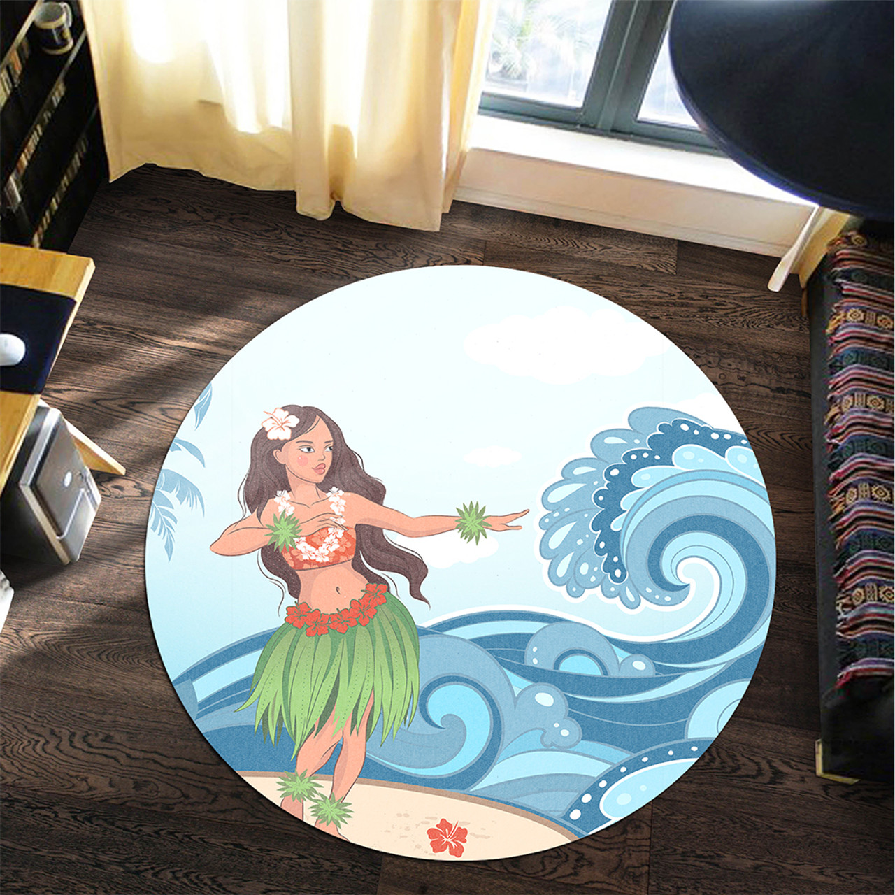 Hawaii Round Rug Hula Dance Cartoon