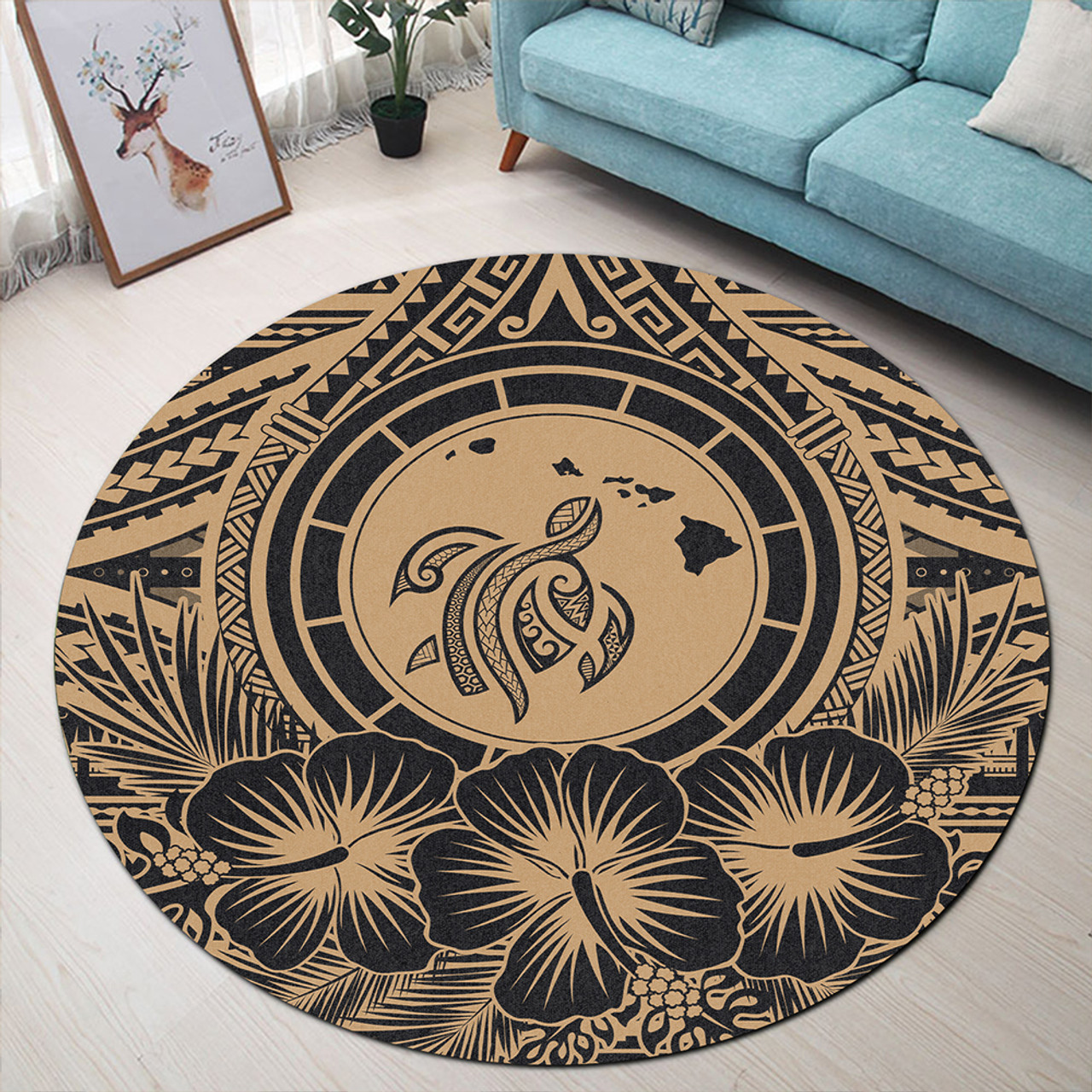 Hawaii Round Rug Map Honu Hibiscus Polynesian Gold