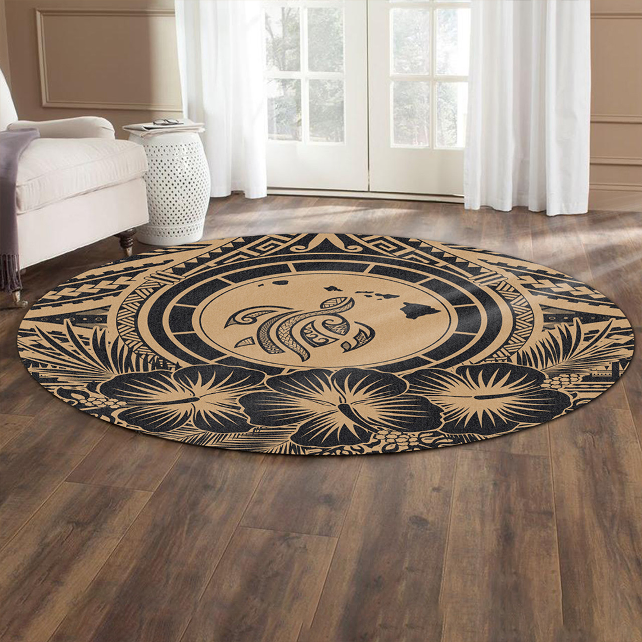 Hawaii Round Rug Map Honu Hibiscus Polynesian Gold