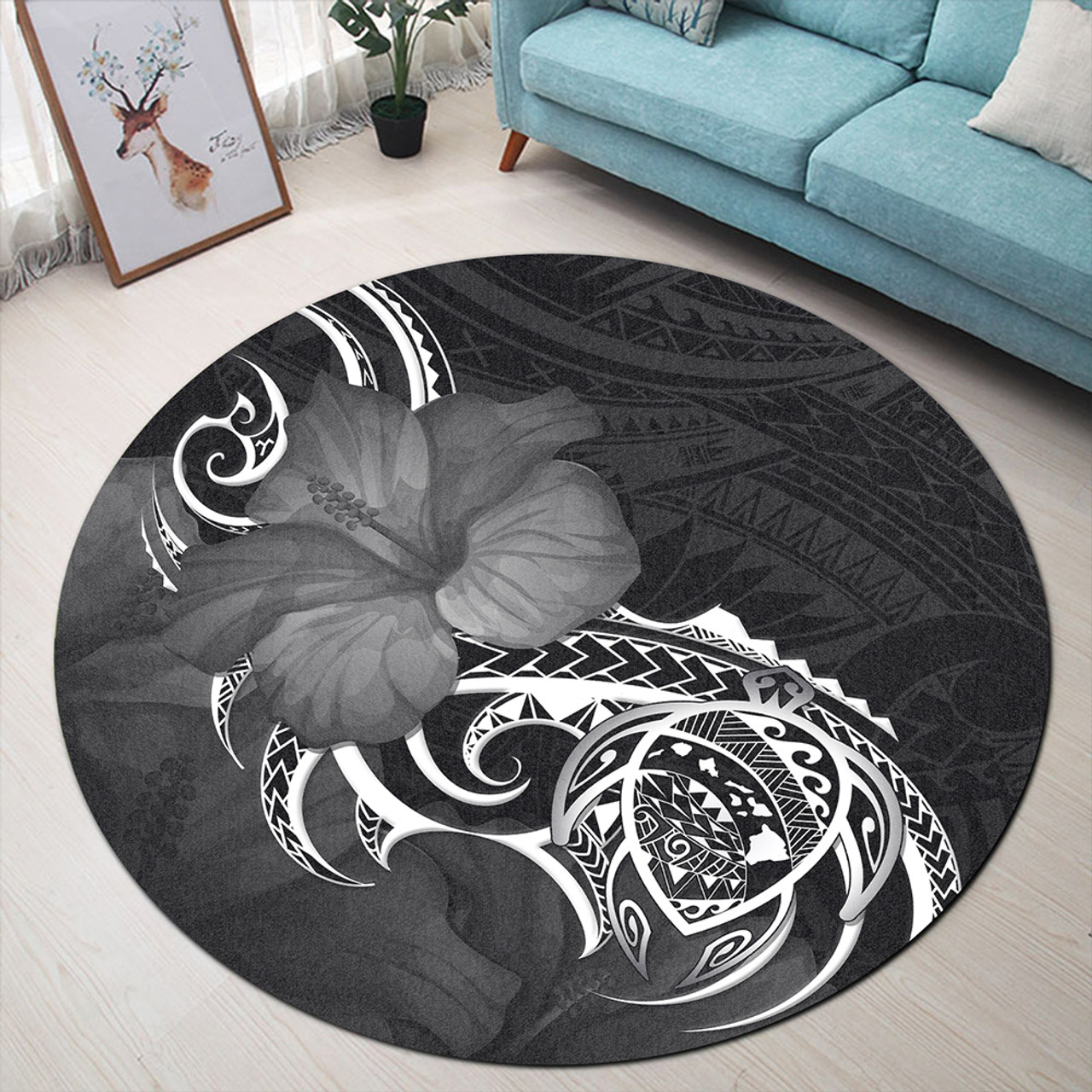 Hawaii Round Rug Map Turtle Hibiscus Polynesian Divise