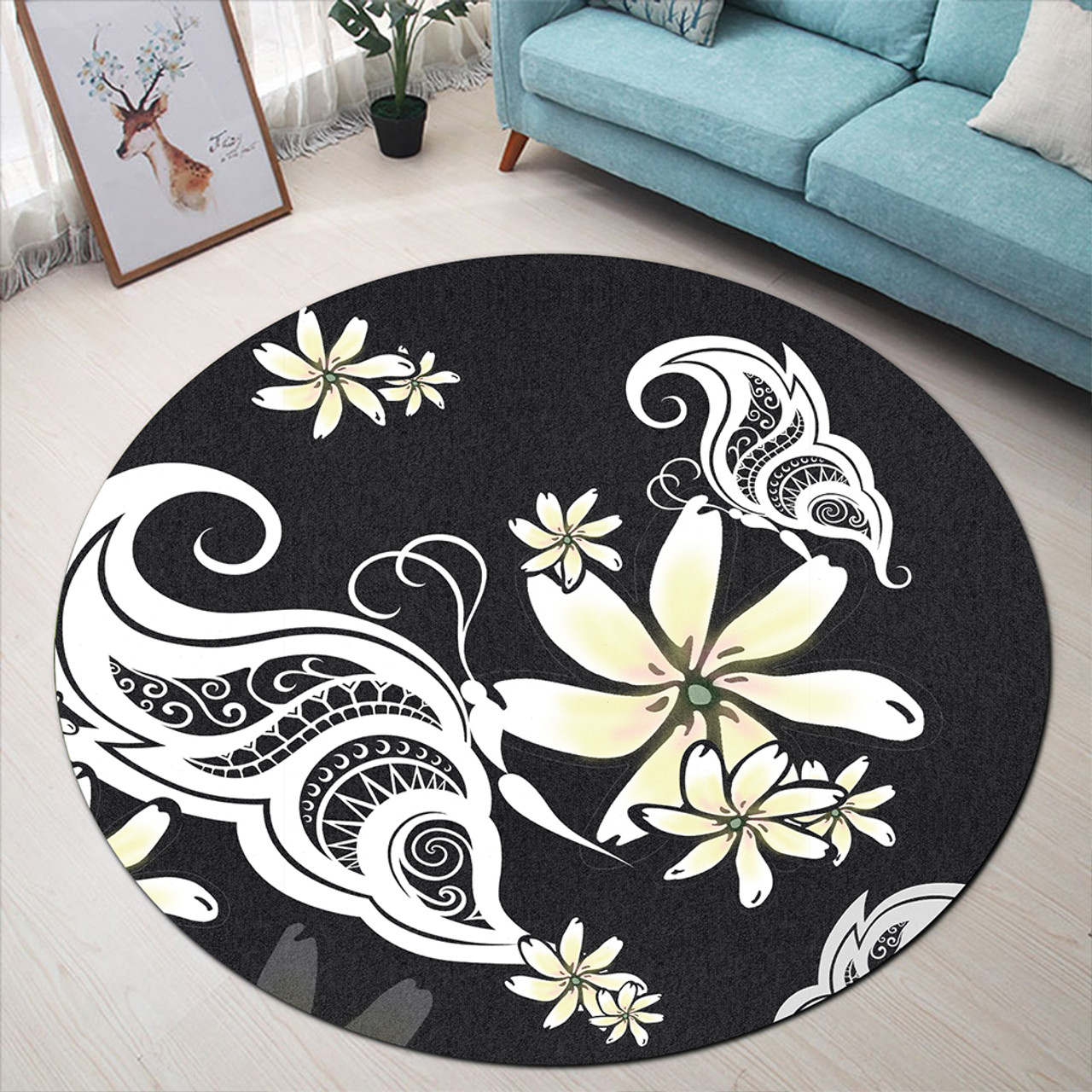 Hawaii Round Rug Plumeria Butterfly