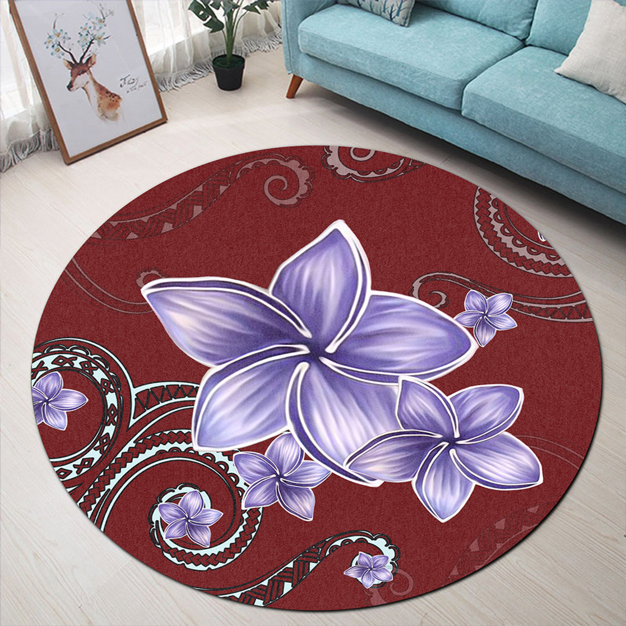 Hawaii Round Rug Plumeria Violet Polynesia Red