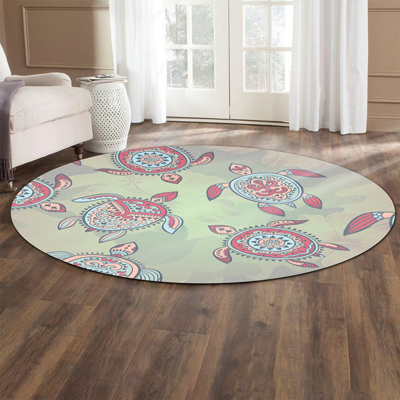 Hawaii Round Rug Turtle Colorful Hibiscus Background