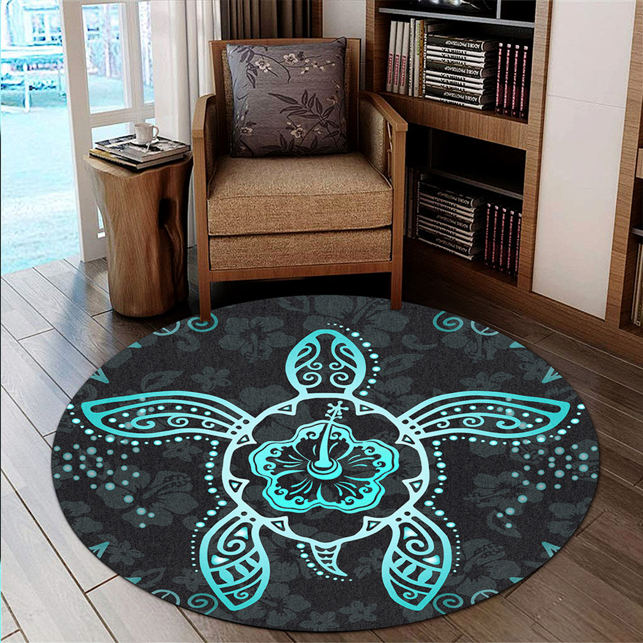 Hawaii Round Rug Turtle Hibiscus Blue