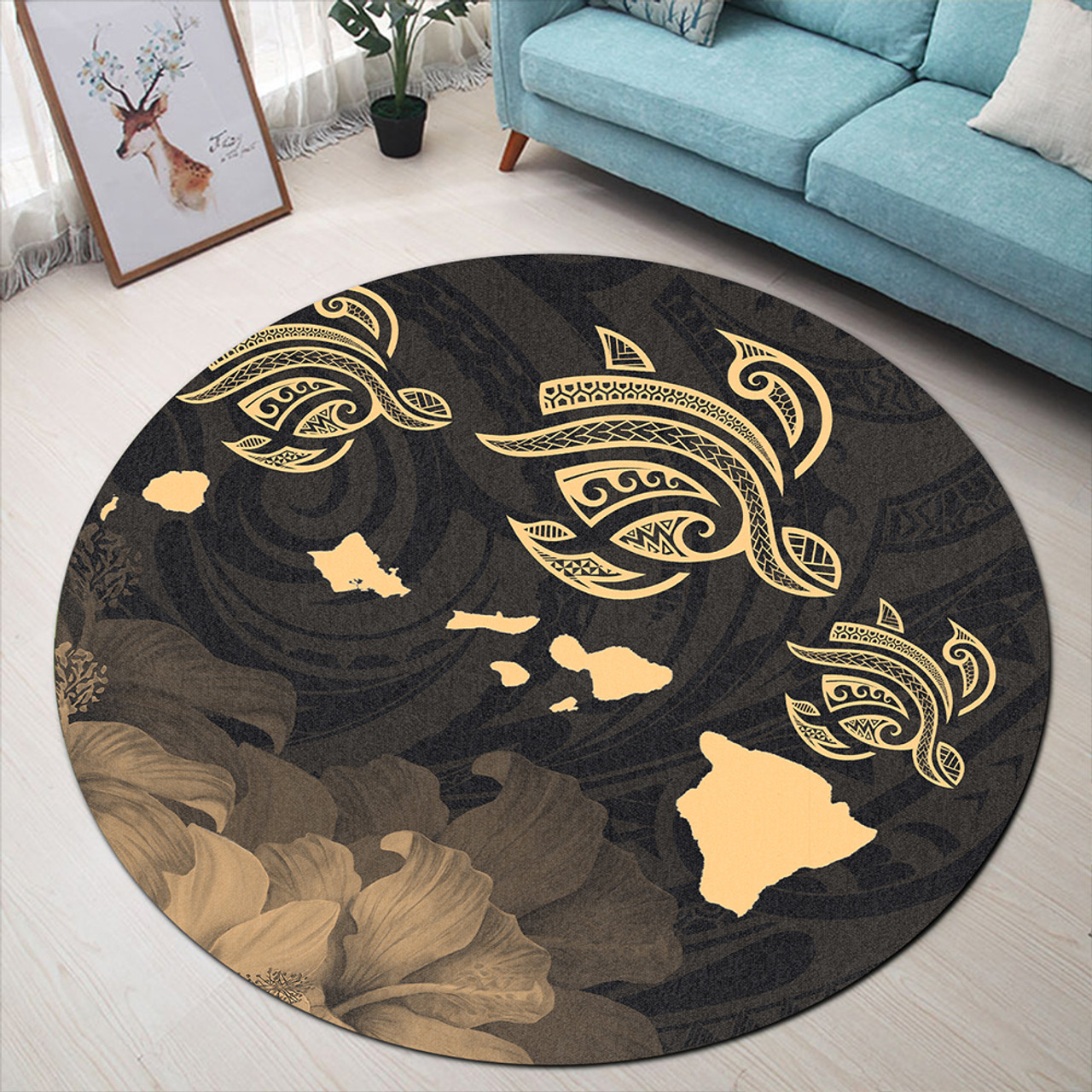 Hawaii Round Rug Turtle Hibiscus Map Polynesian Family Gold