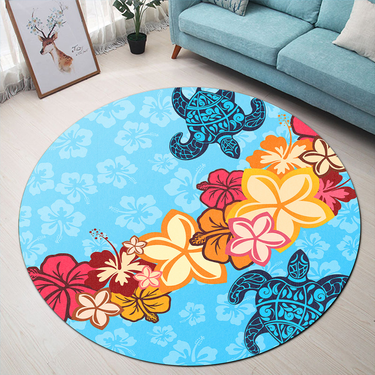 Hawaii Round Rug Turtle Hibiscus Pattern Blue