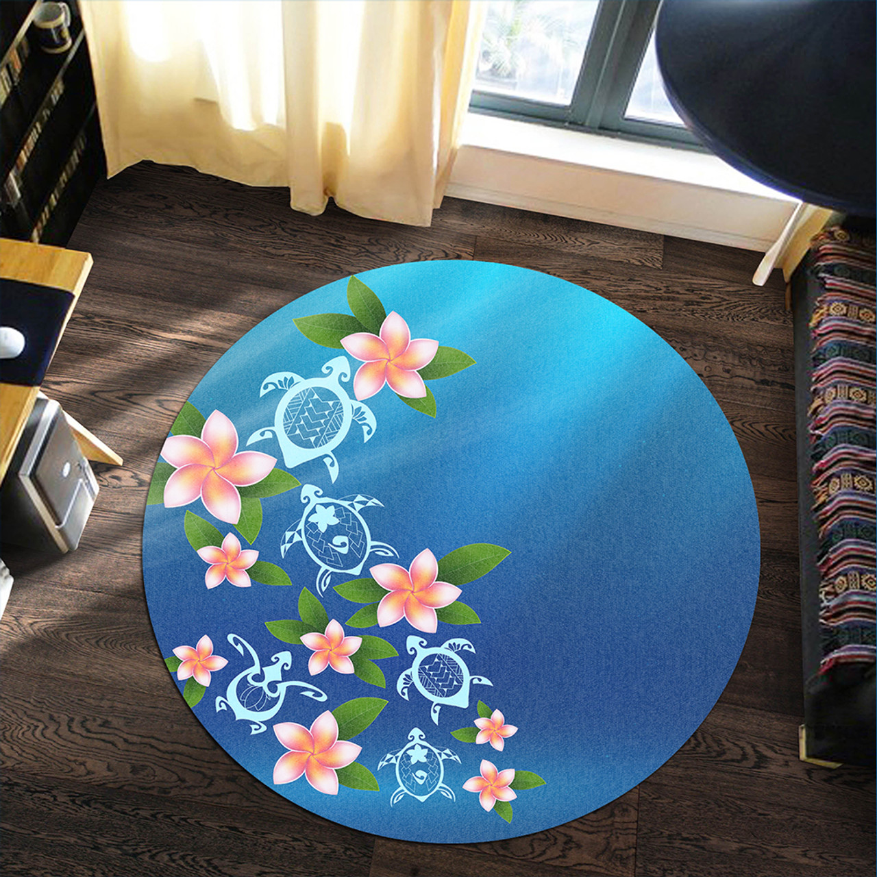 Hawaii Round Rug Turtle Polynesian Plumeria Ocean