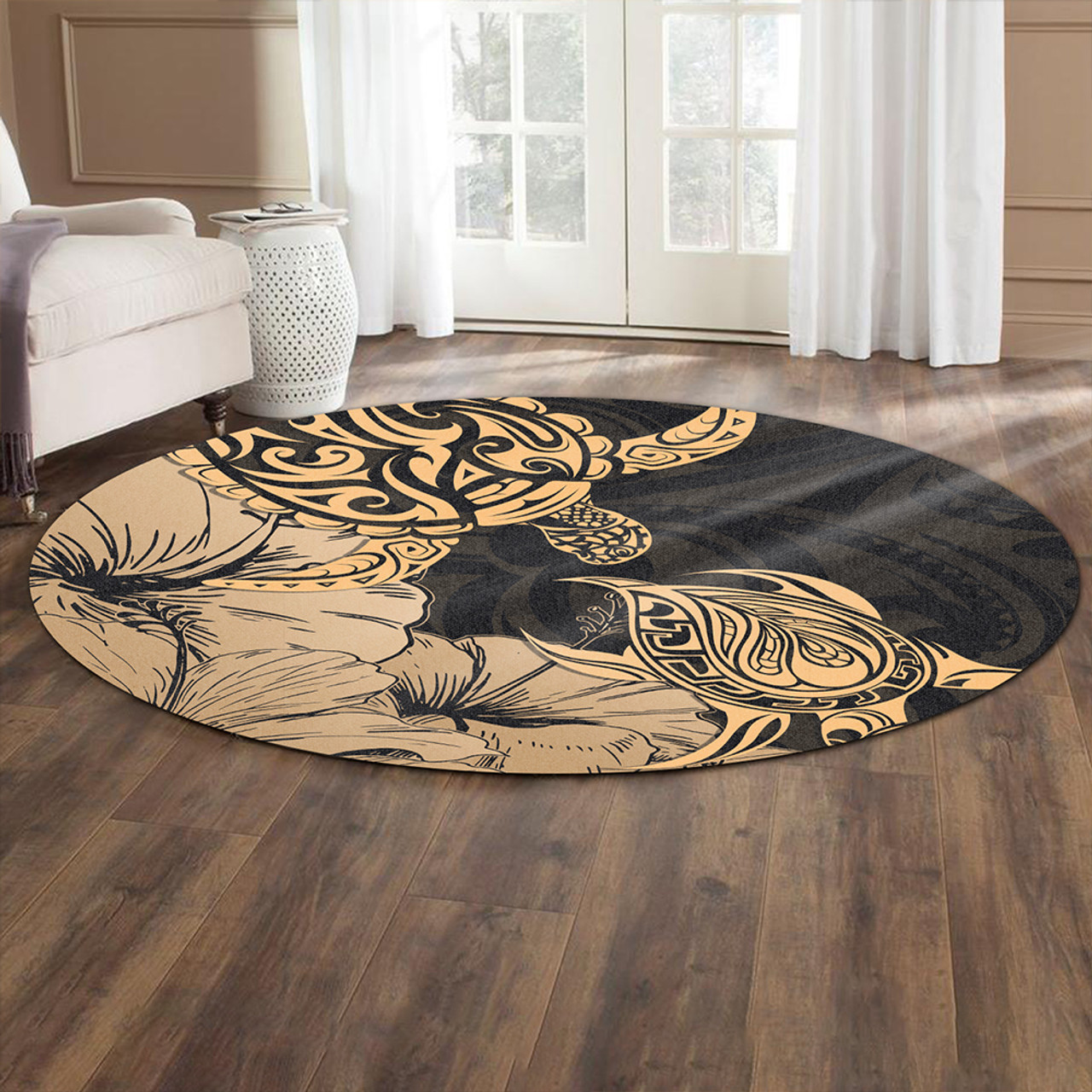 Hawaii Turtle Round Rug Polynesian Hibiscus Art Gold