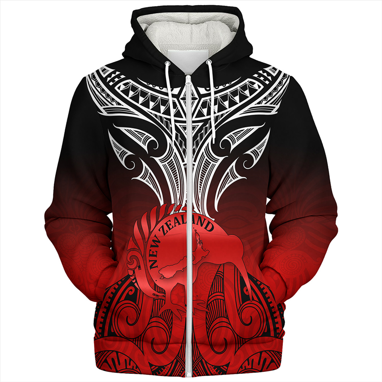 New Zealand Sherpa Hoodie Maori Kiwi Bird Symbols Map