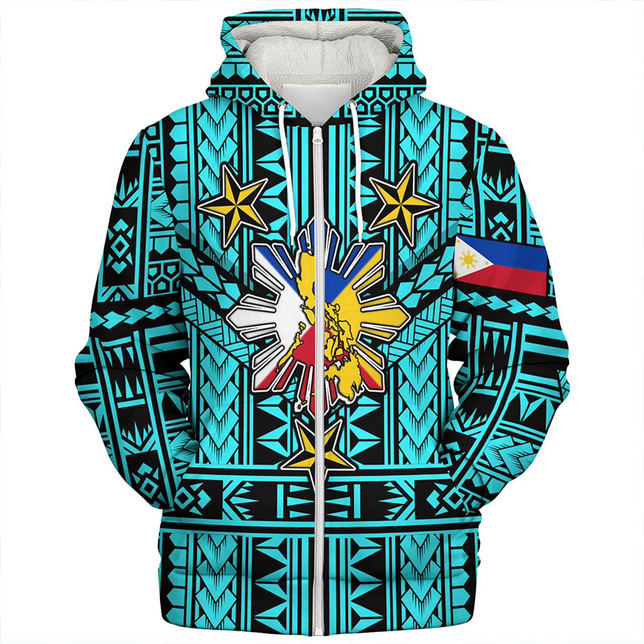 Philippines Sherpa Hoodie - Filipino Sun And Stars Tribal Tattoo Patterns Style