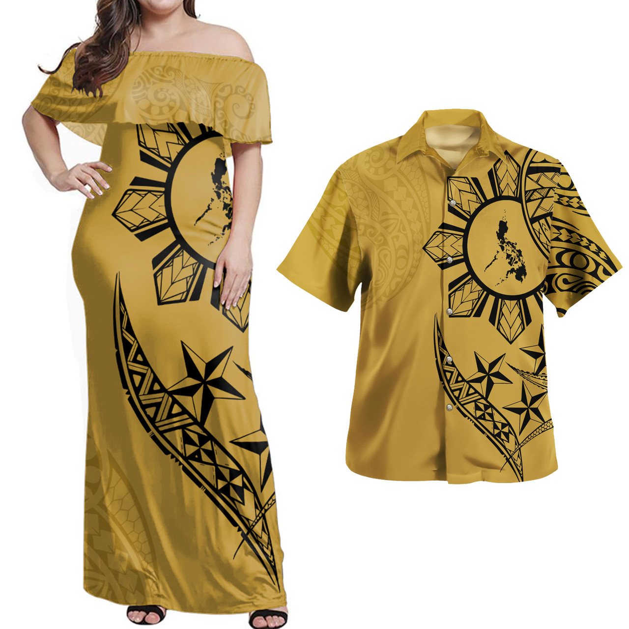 Philippines Combo Dress And Shirt Tribal Sun In My Heart Gold