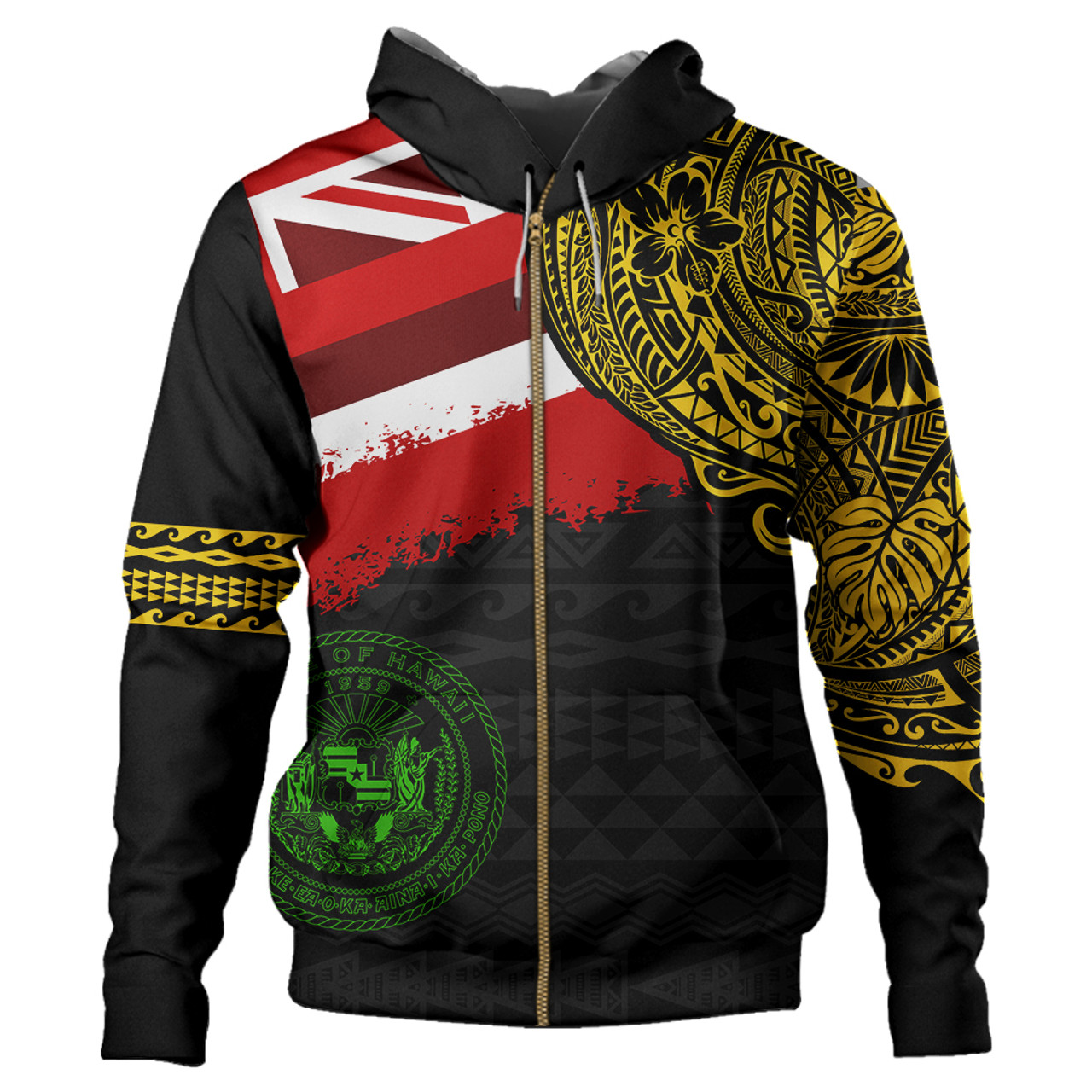 Hawaii Hoodie Polynesian Flag With Coat Of Arms Ver.2