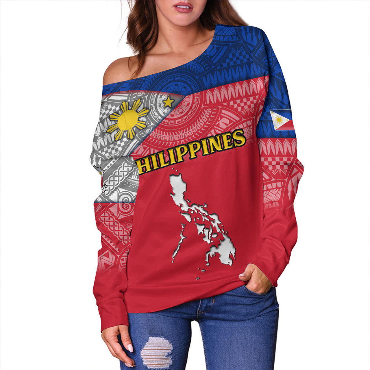 Philippines Off Shoulder Sweatshirt - Philippines Map And Flag Color Style
