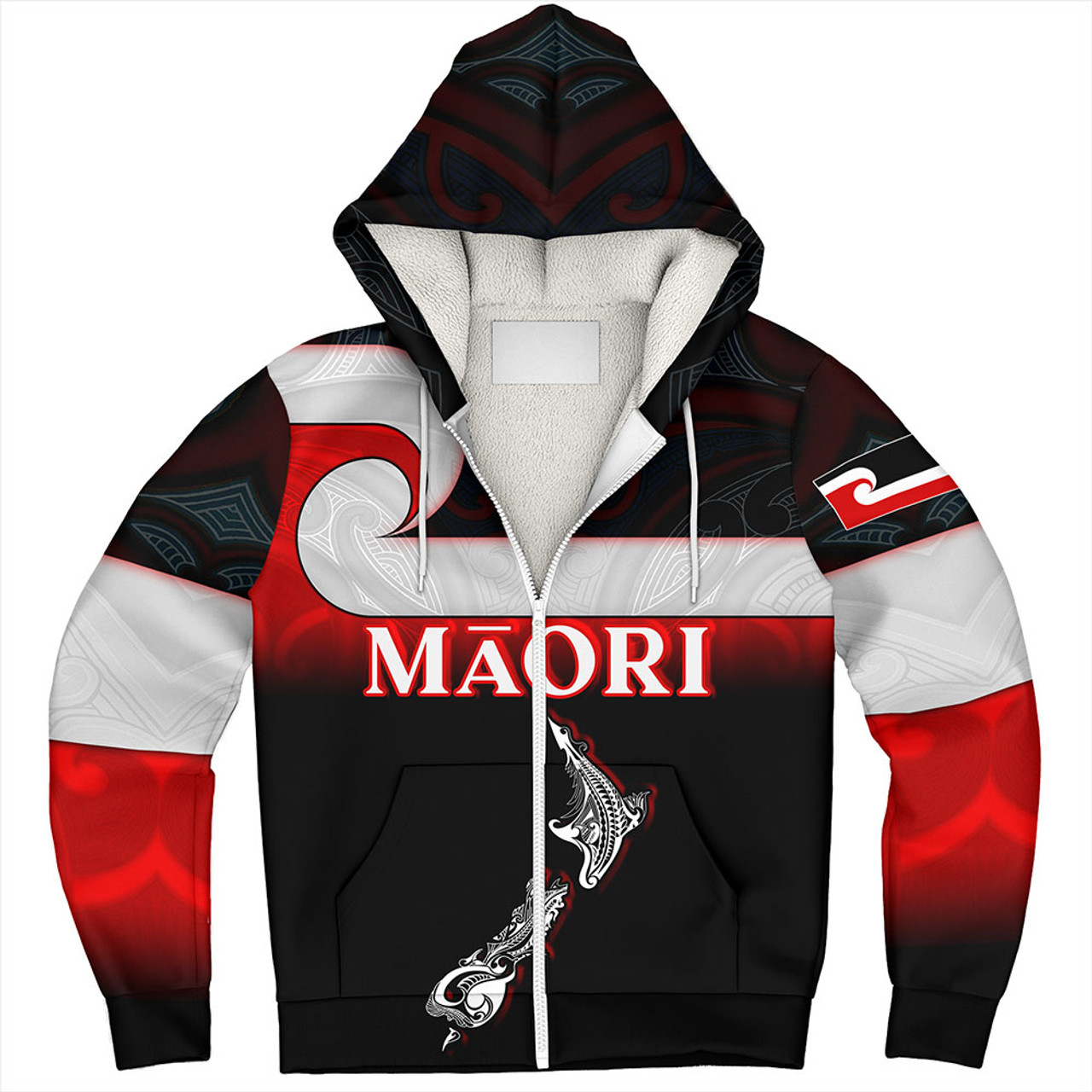 New Zealand Sherpa Hoodie - Maori Face And Flag Patterns