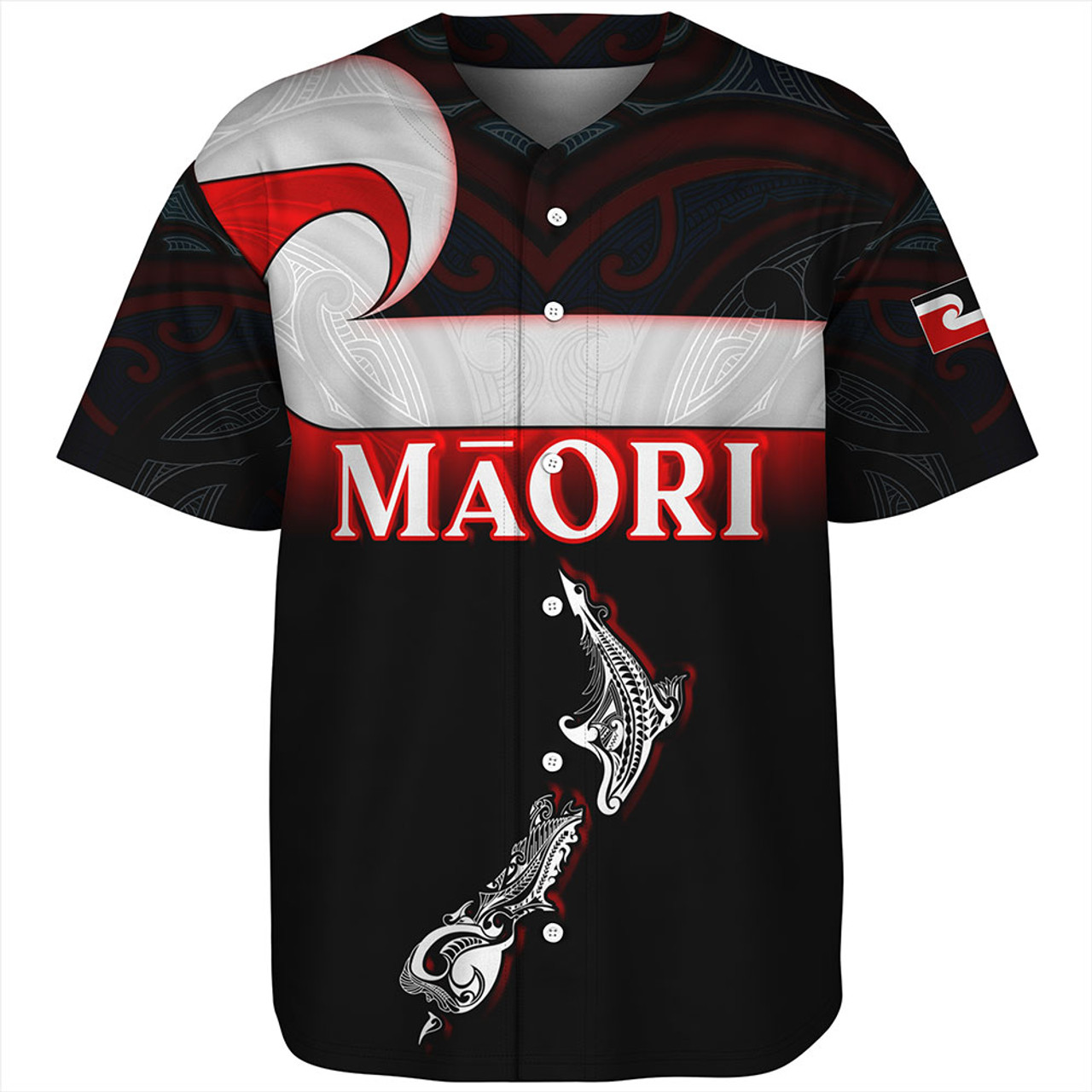 New Zealand Baseball Shirt - Maori Face And Flag Patterns