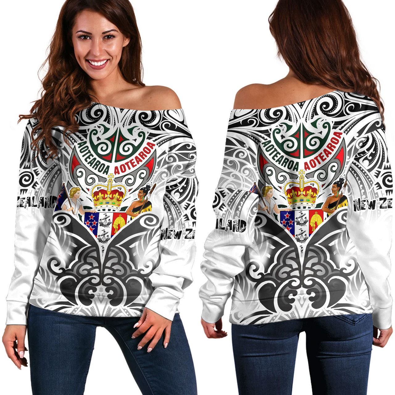 New Zealand Aotearoa Off Shoulder Sweatshirt Maori Traditional Hongi - The Breath Of Life Coat Of Arms Tribal Patterns