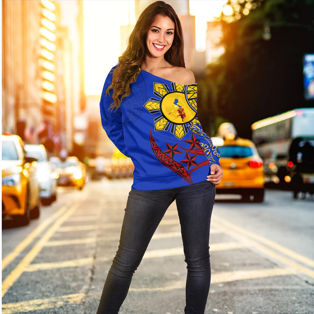 Philippines Off Shoulder Sweatshirt Tribal Sun In My Heart Color Flag Style