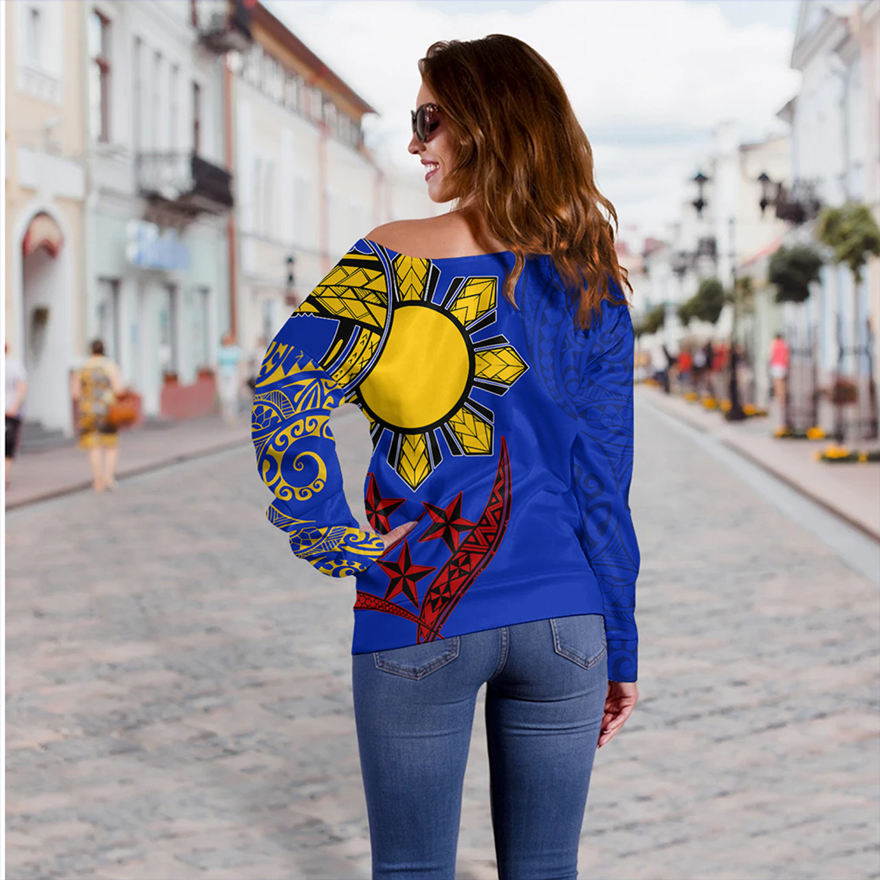 Philippines Off Shoulder Sweatshirt Tribal Sun In My Heart Color Flag Style