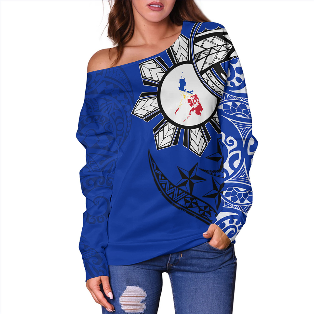 Philippines Off Shoulder Sweatshirt Tribal Sun In My Heart Blue Style