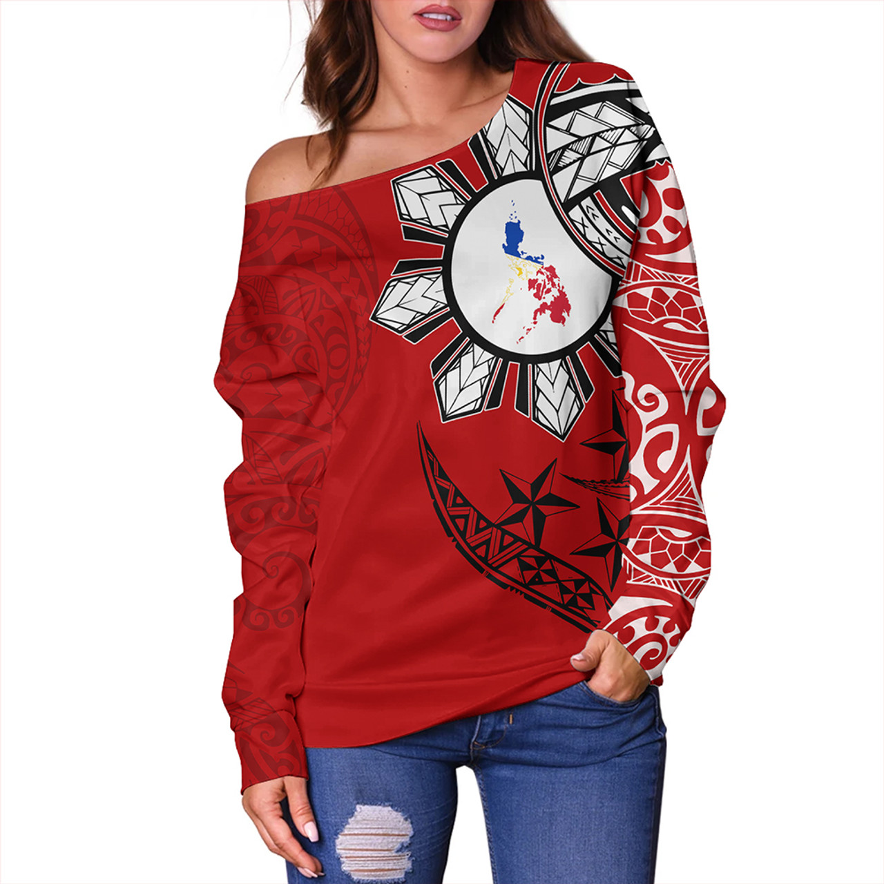 Philippines Off Shoulder Sweatshirt Tribal Sun In My Heart Red Style